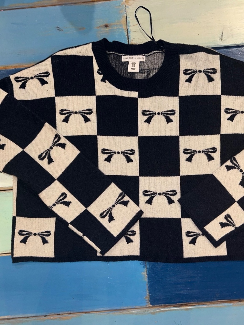 Sincerely Jules Bow Checkerboard Sweater Medium Navy Cream Coquette